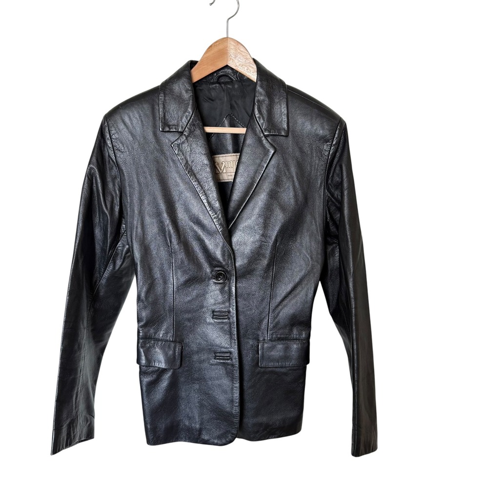 Michel Leather Blazer Womens 42 Black Good Made in Italy Vera Pelle Tailored